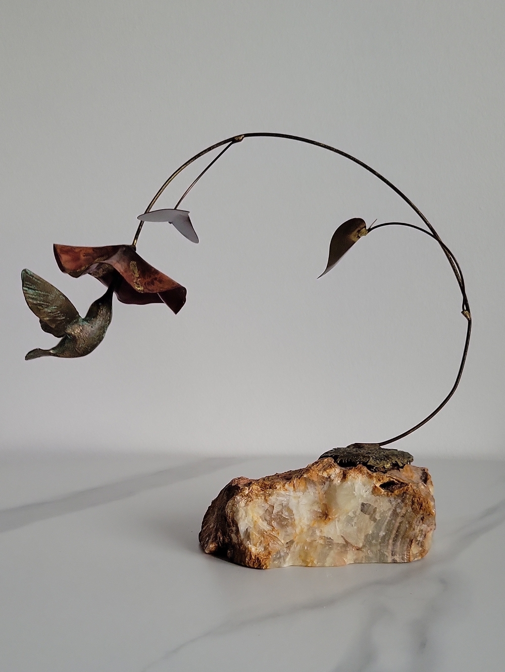 Vintage Bijan Kinetic Hummingbird & Flower Metal Sculpture